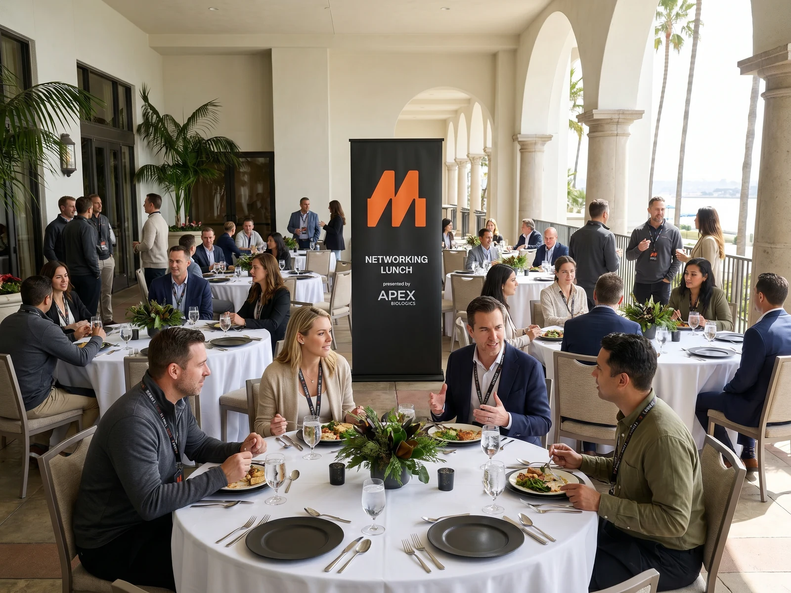 A networking lunch under stone arches at Loews Coronado, co-branded vertical banner at center, attendees seated at round tables.