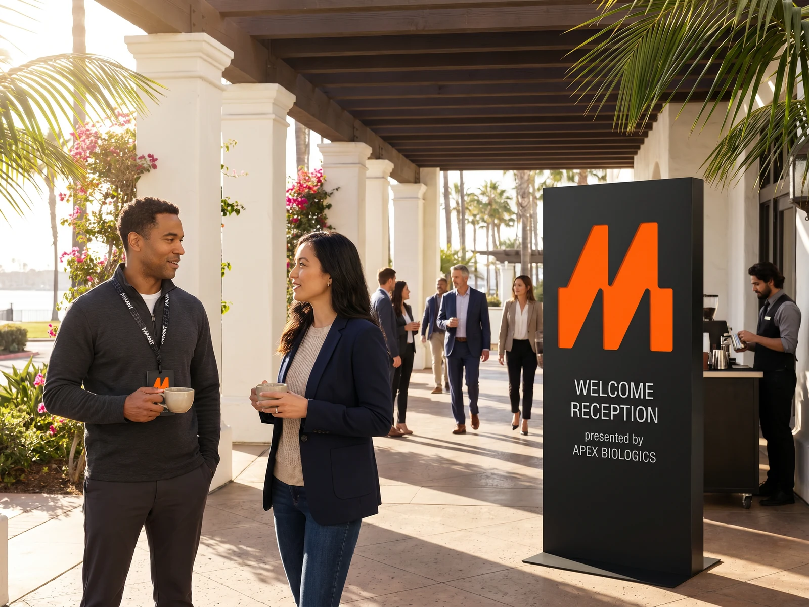 A morning welcome reception on the Loews loggia, co-branded pylon at right, attendees with coffee mid-conversation.