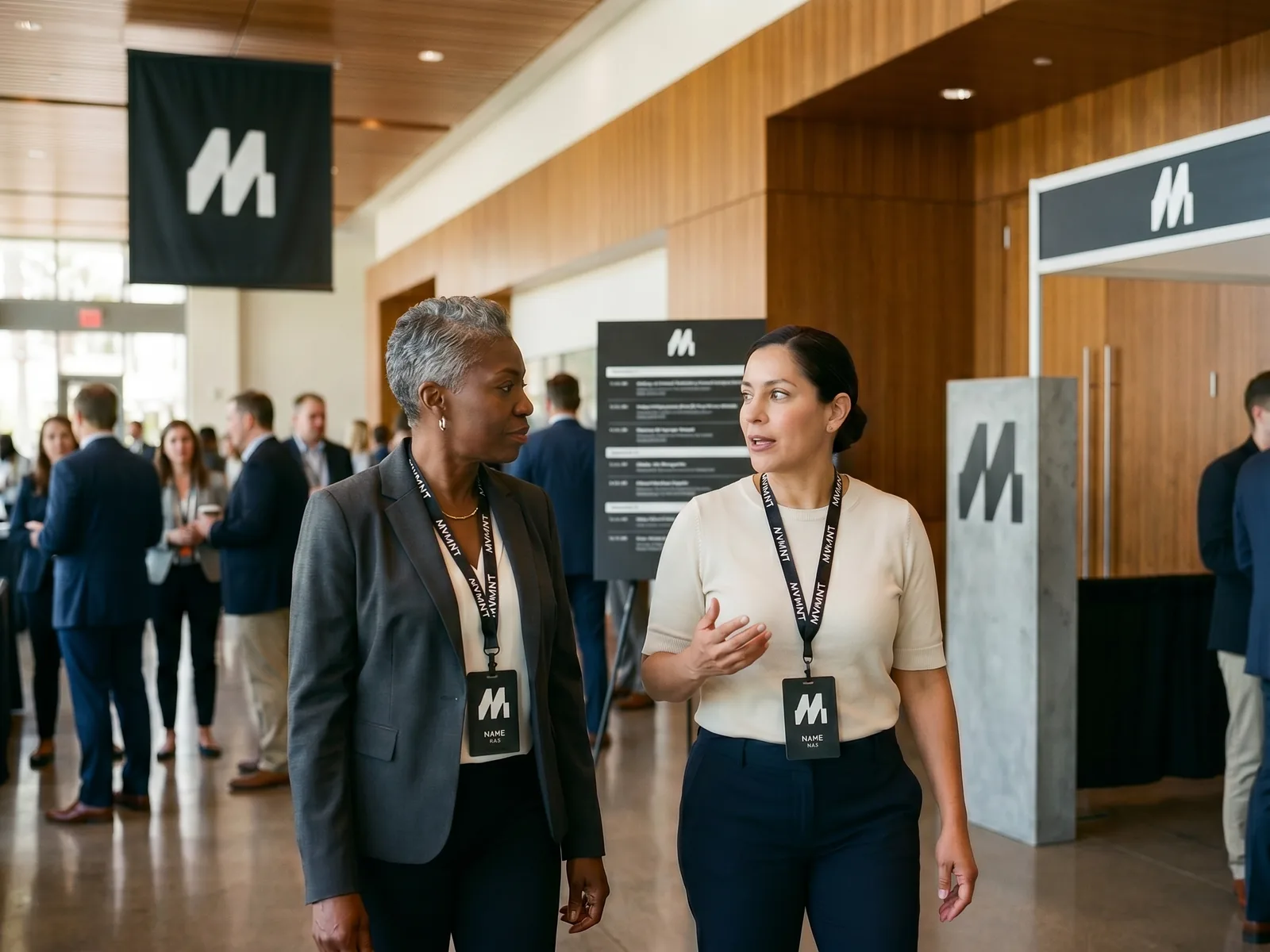 A wide aisle on the MVMNT exhibit floor, minimal directional signage carrying the MVMNT monogram overhead.