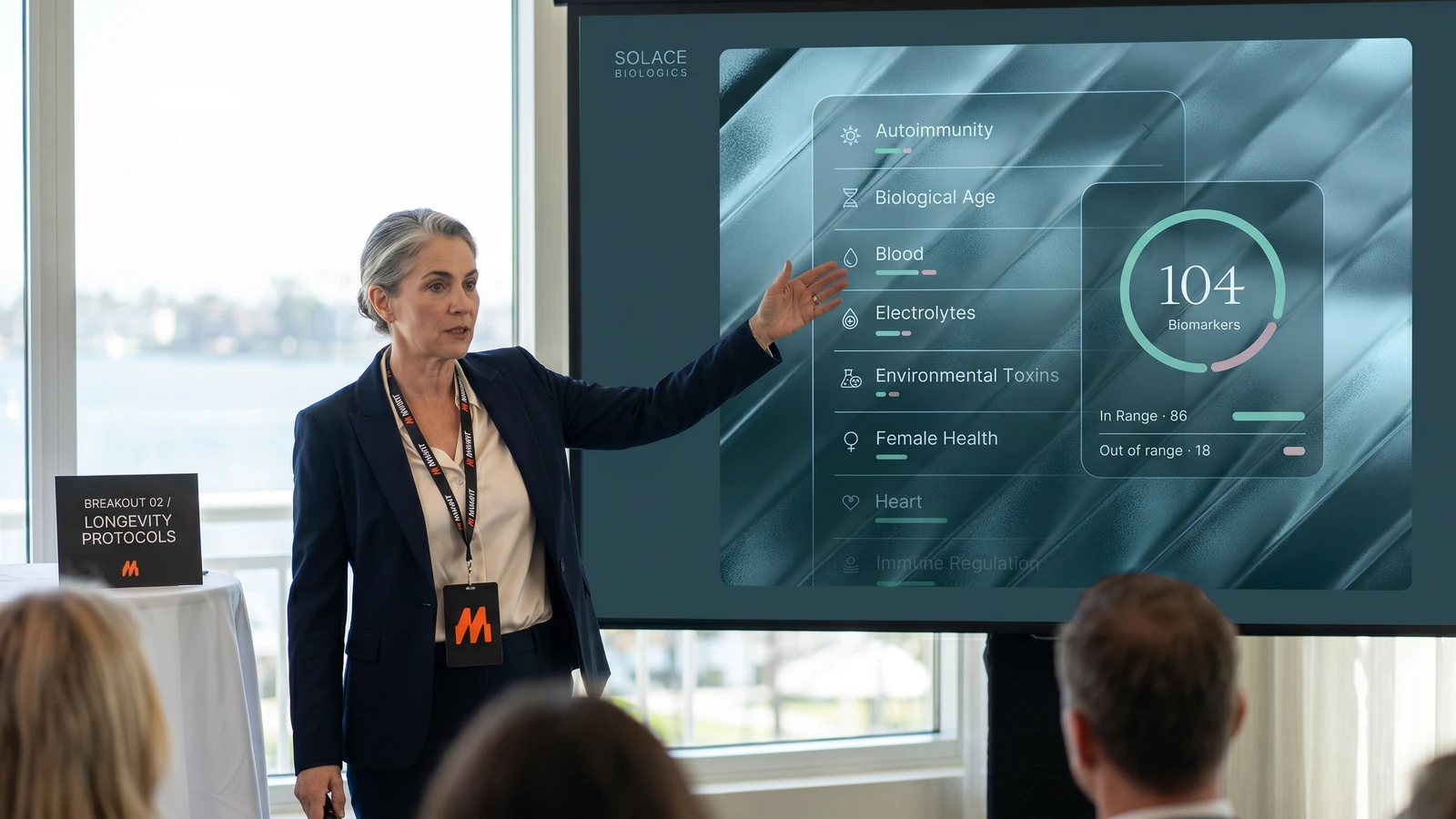 A presenter stands at a breakout session screen showing a biomarker dashboard, BREAKOUT 02 placard alongside.
